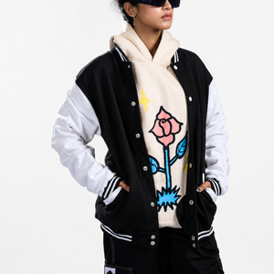 Vintage Knitted Fleece Varsity <b>Jacket</b> Polyester/Cotton Black <b>White</b> Contrast Color Letter Silk Screen Printed Button Closure <b>Men</b> - Product Image 2