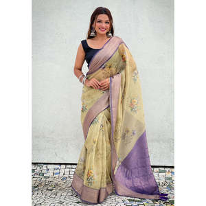 Sari de soirée en soie verte à imprimé floral Elite Weaves avec bordure tissée en zari 500g - Product Image 3