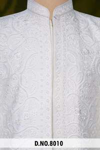 Indo Western Sherwani Men <b>White</b> Silk Royal Groom Wedding Wear Self Tone Floral Paisley Embroidery Prince Jacket Suit - Product Image 3