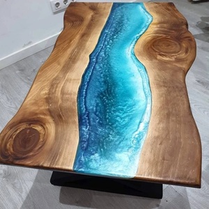 Handmade Wooden Tabletop With Blue <b>Resin</b> River Design Coastal Style Irregular Shape Indoor Living Room Furniture - Product Image 1