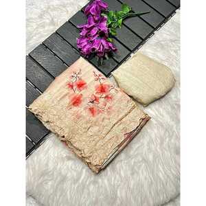 BORDADO EN SEDA ATRACTIVA FRONTERA CON TRABAJO CORTADO SAREE CON BLUSA SIN COSTAR CHIKU - Product Image 1