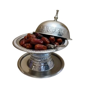 Modern Silver Plated Date Bowl With Crescent Moon Lid Handmade Arabic Khajoor Serving Dish For Ramadan Kareem & <b>Eid</b> Table Decor - Product Image 2