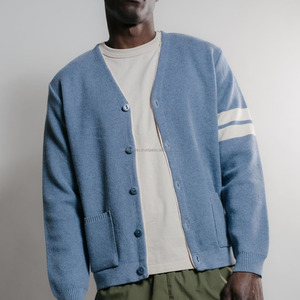 Custom Sky Blue White Men Winter Standard V-neck Cardigan College Acrylic Coarse Wool Knitted Vintage Jacquard Patch Designs - Product Image 1