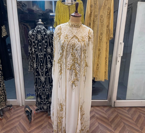 White Bridal Turkish Kaftan Detachable Cape | Hand-Embellished Gold <b>Beaded</b> Wedding Gown | Premium Heavy Embroidery Anti-static - Product Image 4
