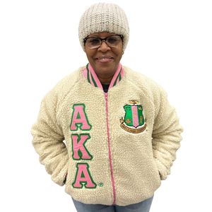 Chaqueta Bomber Sherpa AKA, Color Crema, Rosa y Verde, Unisex, Forro Polar, Estilo Universitario, Chaqueta Informal Cálida, Colección de Ropa de Moda - Product Image 1