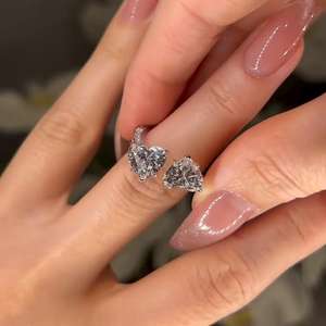 Toi et Moi, 1 carat chacun, bague incurvée ondulée en moissanite taille cœur, argent sterling 925, bijoux fins, cadeau pour la Saint-Valentin, vœux pour elle - Product Image 5