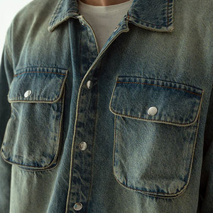 Chemise en jean pour homme, col mandarin, manches trois quarts, teinture dégradée, couleur unie, boutonnée, coupe ajustée, décontractée, pour l'été - Product Image 6