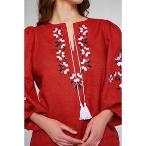 Blusa Étnica Boho de Algodón Rojo Bordado para Mujer con Mangas Abullonadas Completas y Cuello con Borlas - Product Image 2