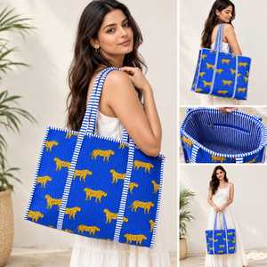 Quilted Leopard Print Canvas Tote <b>Bag</b> Striped Handle Open Shopping <b>Travel</b> Shoulder <b>Handbag</b> - Product Image 3