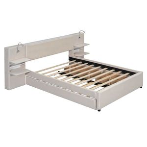 Queen Size Beige Upholstered Platform Bed with Reading Lights Drawers Trundle Shelves - Product Image 6