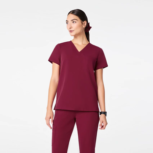 Women V Neck Knitted Cotton <b>Scrub</b> <b>Top</b> Maroon Hospital Uniform Blouse with Pockets for Medical Staff - Product Image 1