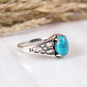 Vintage 925 Silver Blue <b>Turquoise</b> <b>Ring</b> Handmade Filigree Oxidized Statement <b>Ring</b> Wholesale Natural Stone Jewelry - Product Image 4