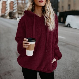 Autumn Winter Women's Fluffy Loose Hooded Outerwear Long Sleeve Warm Coat Pullover <b>Turtleneck</b> Sweatshirt Zipper <b>Burgundy</b> - Product Image 1