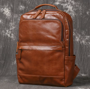 Leather <b>Backpack</b> 40cm x 28cm x 12cm Men Women Daily Use Travel Bag Multi Pocket Design <b>Brown</b> Color adjustable strap <b>backpack</b> - Product Image 2