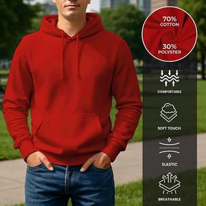 Sudadera con Capucha Roja para Hombre, 100% Algodón, Felpa Francesa, Corte Regular Informal, Color Sólido, Diseño con Bolsillo, Ropa de Otoño - Product Image 2