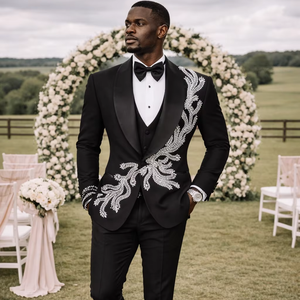 <b>Men</b>’s Black Designer Embroidered Wedding Tuxedo <b>Jacket</b> – Slim Fit Shawl Lapel Blazer with <b>White</b> Crystal Floral Work for Groom - Product Image 1