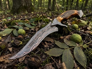 Couteau Bowie multifonctionnel d'extérieur en acier Damas fait main, manche en corne de cerf, lame fixe pleine longueur, services OEM A&M - Product Image 5