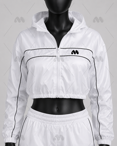 Ensemble de survêtement décontracté 2 pièces pour femme, blanc, respirant, léger, effet délavé, veste courte zippée et pantalon large, idéal pour l'été - Product Image 1