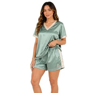 Ensemble de pyjama en satin vert sauge pour femmes, haut à manches courtes et short, bordure contrastante beige, vêtements de nuit doux, fabrication sur mesure OEM ODM - Product Image 1