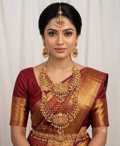 Parure de bijoux de mariée Lakshmi antique haut de gamme avec collier superposé, design traditionnel indien du sud en or pour mariage - Product Image 1