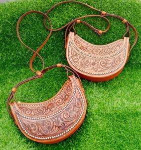 Boho <b>Women's</b> Luxury Hand <b>Bag</b> with Zip Closure Tooled Floral Design Vintage Sling <b>Bag</b> Cowhide Leather Ready to Stock - Product Image 2