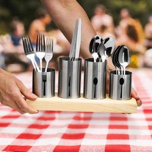 Portautensilios cilíndrico de cuatro compartimentos con base de madera, perfecto para oficina, cafetería y organizador de mesa de comedor formal, de la India. - Product Image 2