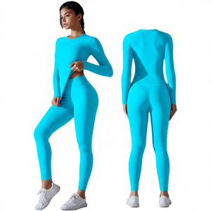 2 Piece Solid Black Long Sleeve Crew Neck <b>Crop</b> <b>Top</b> & High Waist Full Length Leggings Yoga Set - Product Image 2