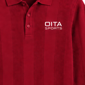 Suéter Polo Rojo Rubí para Hombre, Manga Larga, Diseño de Punto con Rayas Verticales Texturizadas, Puños Acanalados, Camisa Casual Premium - Product Image 5