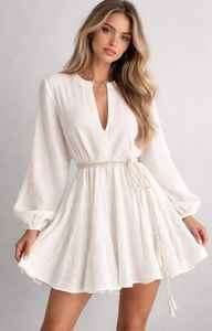 Vestido mini bohemio blanco para mujer, vestido de verano de manga larga con cuello en V y cinturón de cuerda, vestido informal para fiesta en la playa - Product Image 4