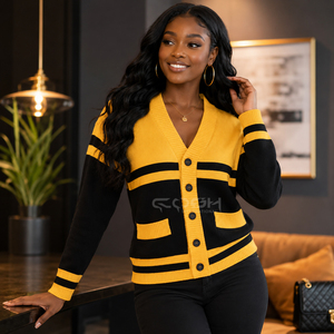 Pull cardigan personnalisé Cosh International pour femmes, style sororité, couleur contrastée, décontracté, à porter toute l'année, noir et jaune rayé - Product Image 4