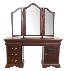 Coiffeuse vintage traditionnelle en bois avec miroir triple et tiroirs de rangement, finition marron, pour la maison ou le bureau - Product Image 2
