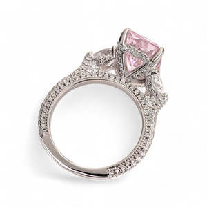 Radiant Cut <b>Pink</b> Lab Diamond Halo Ring White Gold Engagement Ring Pear Side Stone Pave Band Luxury Bridal Ring - Product Image 3