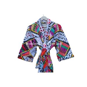 Unique Handmade Vintage Japanese Floral cutwork <b>Kimono</b> <b>Robe</b> Women Bohemian short Summer Wedding Jacket Bikini Cover Drawstring - Product Image 3