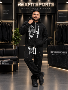 Ensemble survêtement homme personnalisé avec strass, impression sérigraphique, sweat à capuche zippé et pantalon de survêtement, streetwear de luxe, fabricant OEM, marque privée - Product Image 5