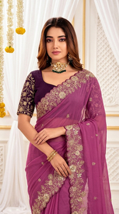 AARA Fashion <b>Purple</b> Embroidered <b>Saree</b> Blouse for Wedding Indian Traditional Wear Women Floor Length Polyester Sari Sun - Product Image 2