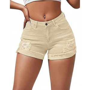Beige Distressed Denim Shorts Women Khaki Ripped <b>Jean</b> Shorts High <b>Waisted</b> Summer Fashion Slim Fit Frayed Hem Hot Pants - Product Image 1