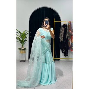 ÚLTIMO GEORGETTE BORDADO TRABAJO LEHENGA SAREE CON BLUSA SIN COSTAR SKY Lungi - Product Image 5