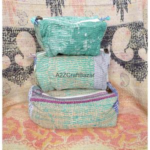 100% Pure Cotton Kantha Fabric Zipper Closure Boho Style Eco-Friendly Durable Lightweight Multi-Function Bag Cosmetic - Product Image 2