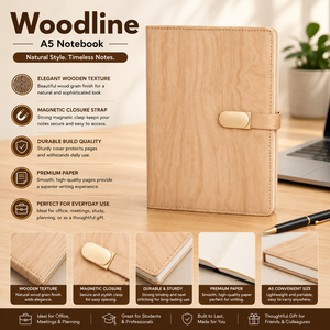 สมุดแพลนเนอร์ปกแข็ง A5 Woodline PU พรีเมียม เย็บแบบ Saddle Stitch พร้อมฝาปิดแม่เหล็ก สำหรับการประชุมในสำนักงานและการเรียน - Product Image 1