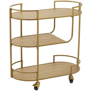 Chariot de service ovale en métal avec 3 étagères en bois, cadre doré, chariot de bar roulant pour la décoration de fêtes à domicile, style glamour, design durable - Product Image 3