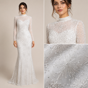 Robe de cocktail sirène blanche de luxe à col haut |   Robe longue sans manches à paillettes et perles avec traîne |   Taille naturelle élégante - Product Image 6
