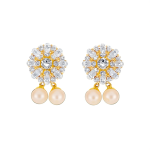 Stud Earrings with Diamond and Pearl Gold Plated Stainless Steel and Alloy Trendy Cute Wedding Gift Oxidized Polish Casual - Product Image 2