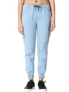 Jogging cargo décontracté pour femme bleu clair à taille élastique avec cordon de serrage, plusieurs poches et design déchiré vieilli, idéal pour le printemps - Product Image 4
