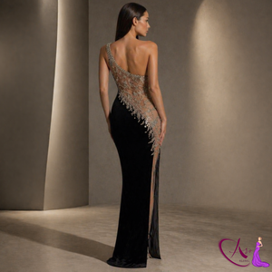 Robe de soirée sirène à une épaule |   Robe longue moulante de luxe brodée de perles avec fente haute, tenue de soirée élégante de créateur - Product Image 4