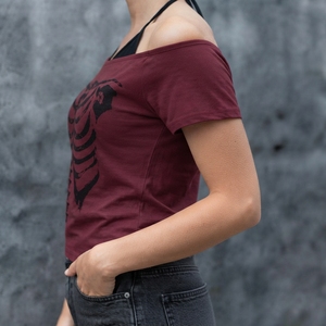 Women Off Shoulder Skeleton Print T-Shirt Short Sleeve Gothic Style <b>Red</b> Polyester Jersey Halter <b>Top</b> - Product Image 3