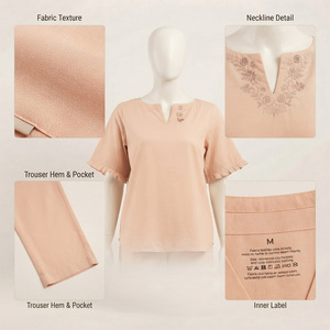 Conjunto de 2 Piezas de Algodón para Mujer, Color Sólido, Manga Corta, Cuello en V, Cintura Elástica, Ropa Casual para Estar en Casa, Ajuste Invernal para Adultos, Transpirable - Product Image 5
