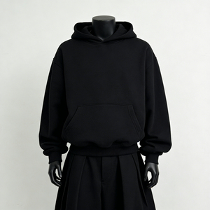 <b>Men's</b> Black Hooded <b>Pullover</b> Tracksuit Full-Length Zipper-Up Regular Fit 100% Cotton Heavyweight 400g Fabric Anti-Shrink Casual - Product Image 3