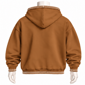 เสื้อฮู้ดโอเวอร์ไซส์สีน้ำตาลอูฐ แต่งขอบเย็บแบบดิสเทรส พร้อมกระเป๋าจิงโจ้ ตัดเย็บด้วยด้ายตัดสี สไตล์สตรีทแวร์ลำลอง - Product Image 2