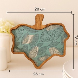 Bohemian <b>Leaf</b> Print Wooden Serving Tray with Handle Multi-Functional Decorative Snack & Tea Tray for Kitchen - Product Image 3