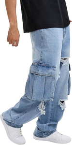 Jean cargo déchiré bleu clair pour homme, taille élastique, denim délavé, style décontracté automne, poids moyen, écologique - Product Image 5